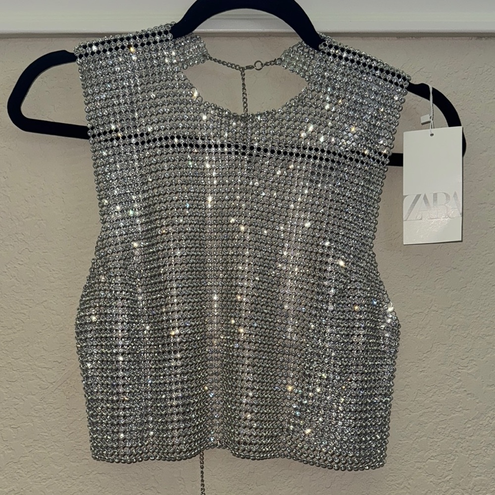 Zara Silver Rhinestone Crop Tank Top
